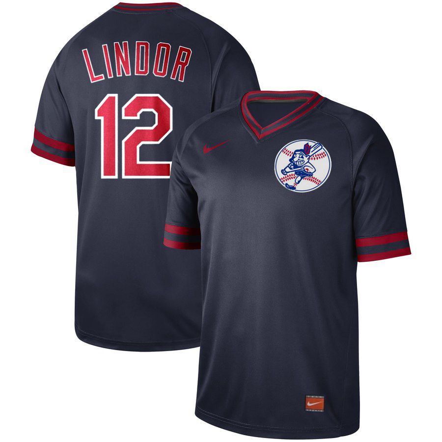 Men Cleveland Indians #12 Lindor Dark blue Nike Cooperstown Collection Legend V-Neck MLB Jersey